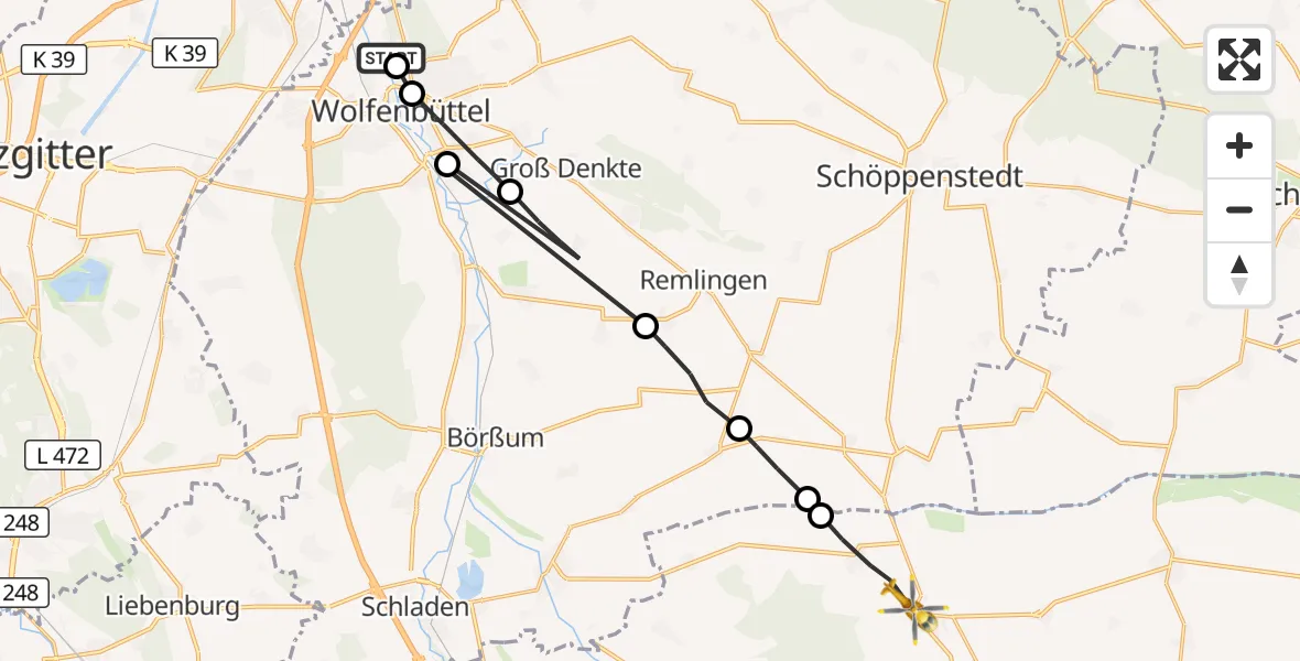 Flugroute Rettungshubschrauber Wolfenbüttel Municipal Hospital Heliport (Christoph 30) - Osterwieck, 18 August 2026, 05:16
