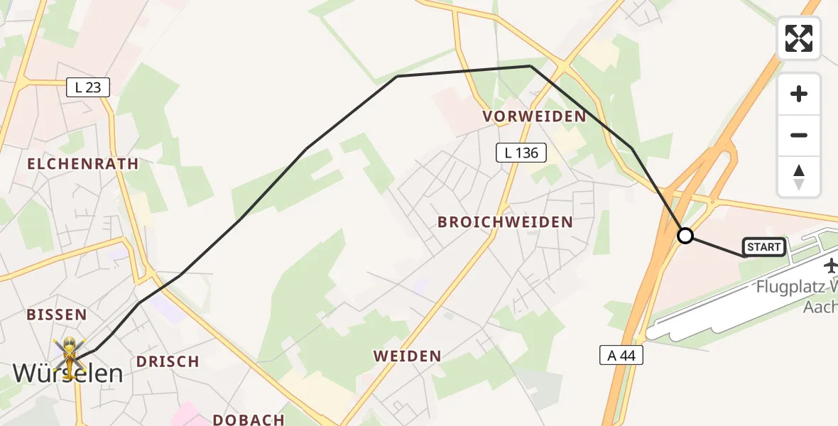 Flugroute Rettungshubschrauber Aachen-Merzbrück Flughafen - Würselen, 18 August 2026, 05:21