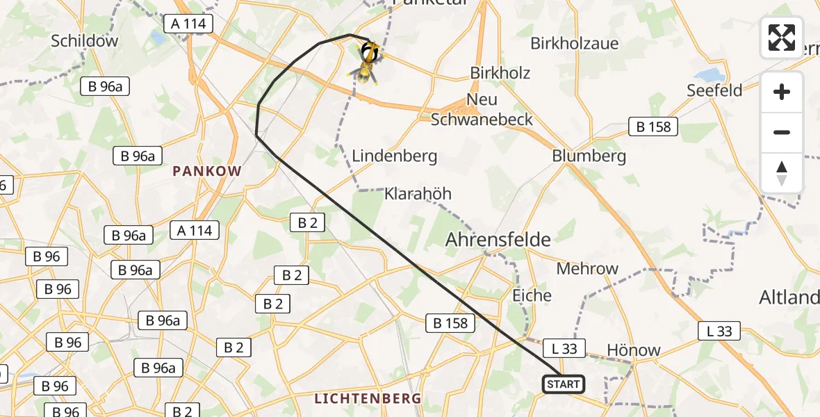 Flugroute Rettungshubschrauber Berlin - Helios Clinic Berlin-Buch, 18 August 2026, 05:32