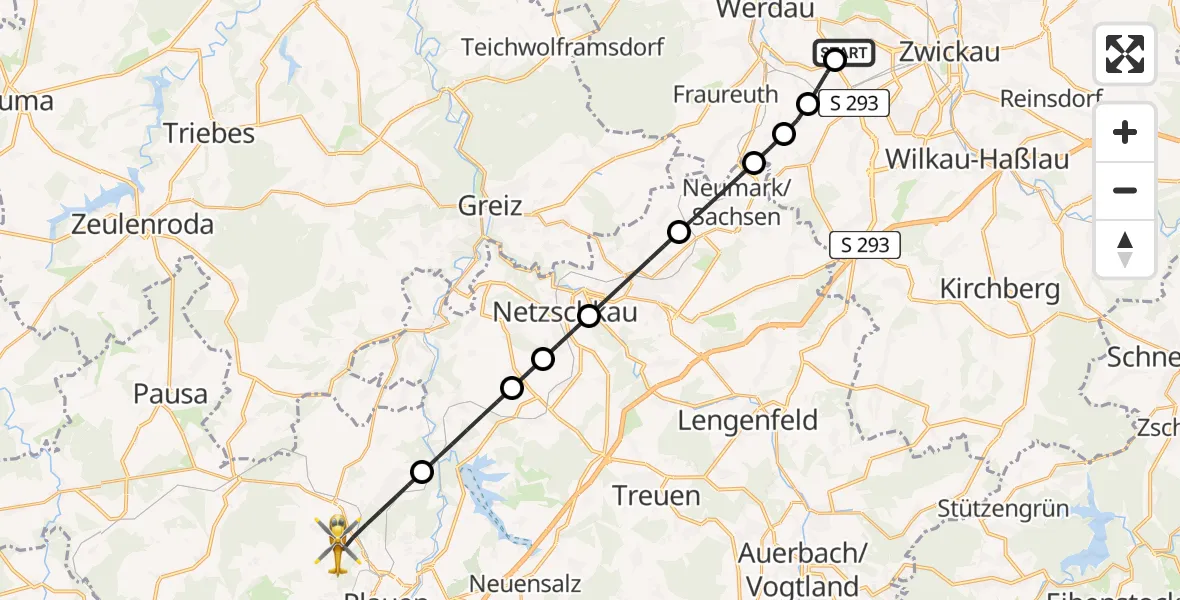 Flugroute Rettungshubschrauber ADAC Air Rescue Station Zwickau Hubschrauberlandeplatz - Plauen, 18 August 2026, 05:42