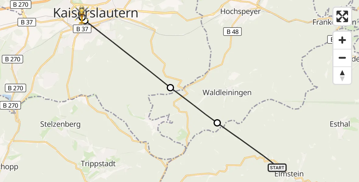 Flugroute Rettungshubschrauber Elmstein - Westpfalz Hospital Kaiserslautern, 18 August 2026, 05:54