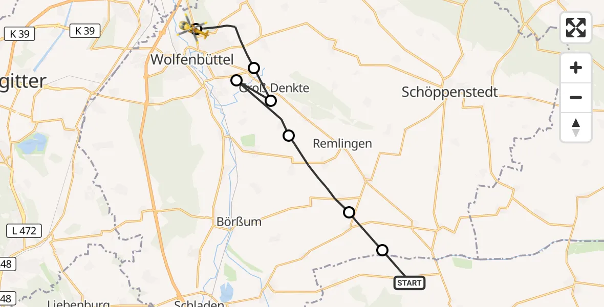Flugroute Rettungshubschrauber Osterwieck - Wolfenbüttel Municipal Hospital Heliport (Christoph 30), 18 August 2026, 06:03