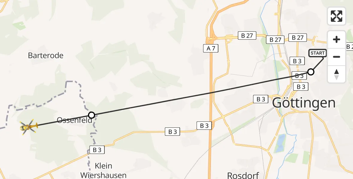 Flugroute Rettungshubschrauber Göttingen University Clinic Hubschrauberlandeplatz - Dransfeld, 18 August 2026, 06:10