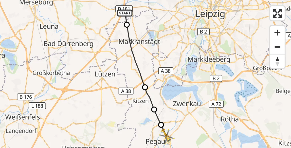 Flugroute Rettungshubschrauber Leuna - Pegau, 18 August 2026, 06:15