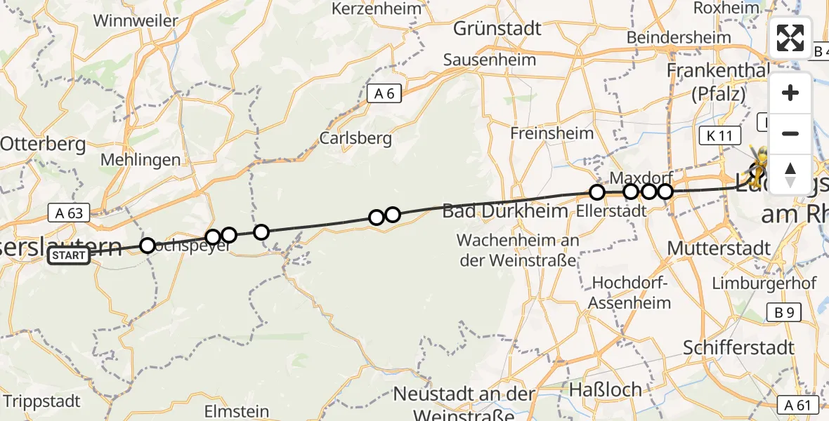 Flugroute Rettungshubschrauber Kaiserslautern - Ludwigshafen Accident Hospital, 18 August 2026, 06:28