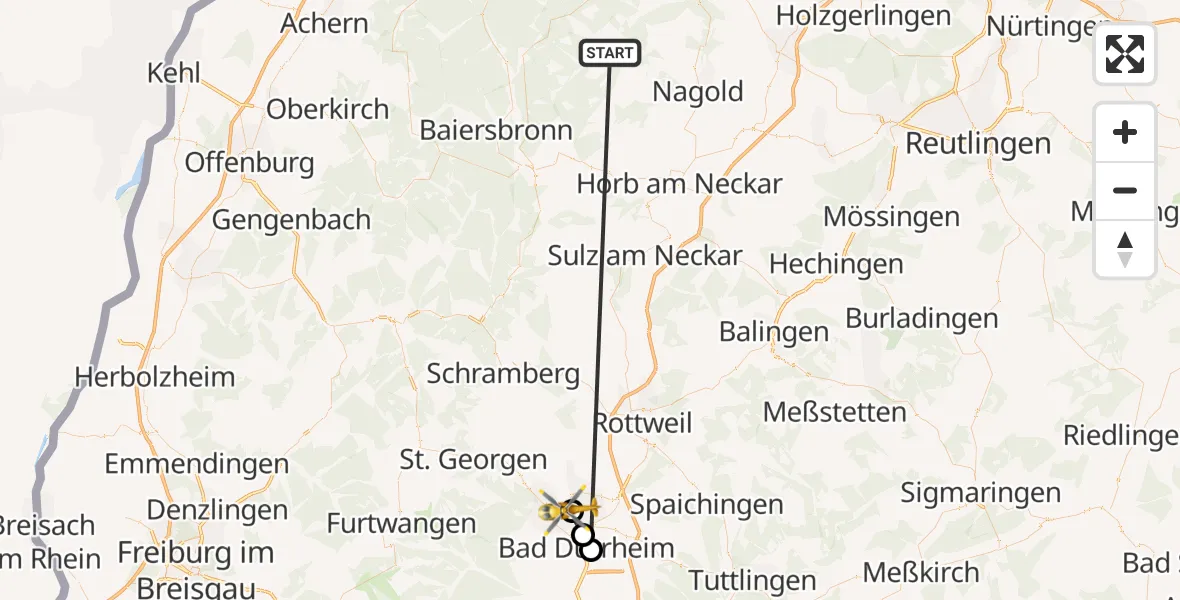 Flugroute Ambulanzhubschrauber Altensteig - DRF Air Rescue Station Villingen-Schwenningen Hubschrauberlandeplatz (Christoph 11), 18 August 2026, 06:31