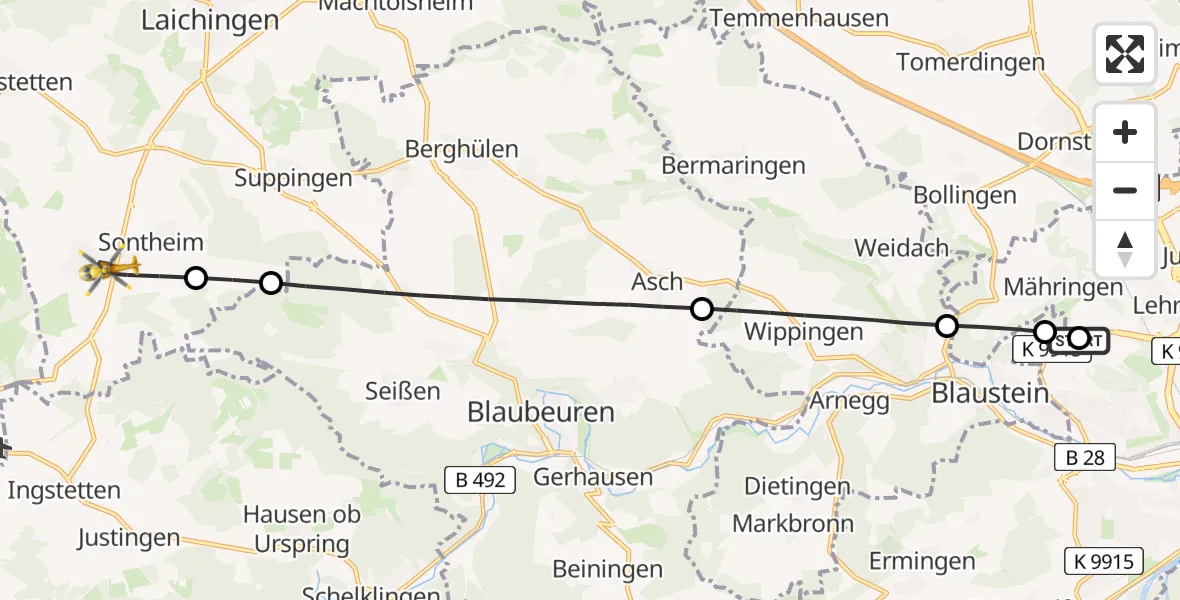 Flugroute Rettungshubschrauber Ulm Military Hospital Emergency - Heroldstatt, 18 August 2026, 06:44