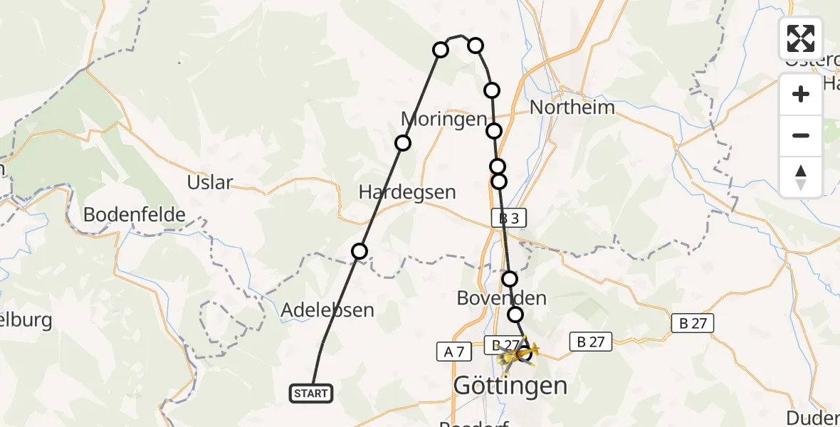 Flugroute Rettungshubschrauber Adelebsen - Göttingen University Clinic Hubschrauberlandeplatz, 18 August 2026, 06:45
