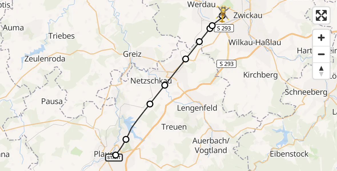 Flugroute Rettungshubschrauber Helios Clinic Plauen - ADAC Air Rescue Station Zwickau Hubschrauberlandeplatz, 18 August 2026, 06:47