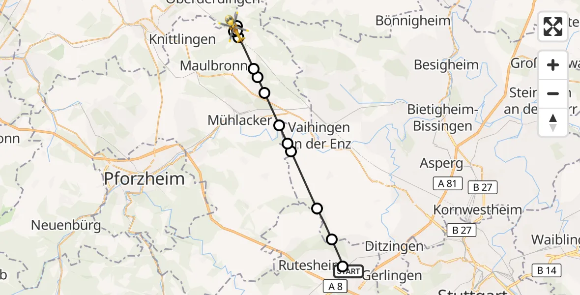 Flugroute Rettungshubschrauber Leonberg Hospital - Knittlingen, 18 August 2026, 06:49