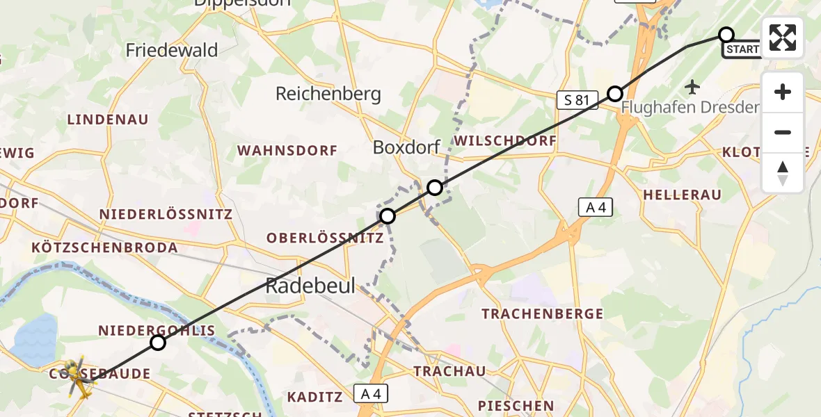 Flugroute Rettungshubschrauber Dresden Bundespolizei Hubschrauberlandeplatz - Dresden, 18 August 2026, 06:49