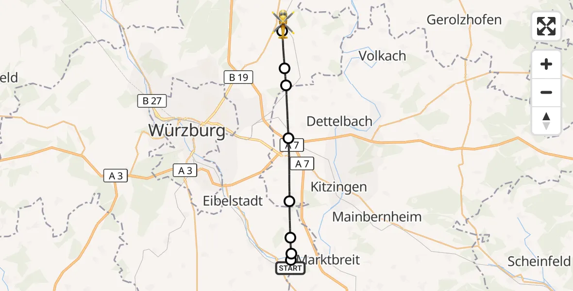 Flugroute Rettungshubschrauber Ochsenfurt Hospital - Bergtheim, 18 August 2026, 06:52