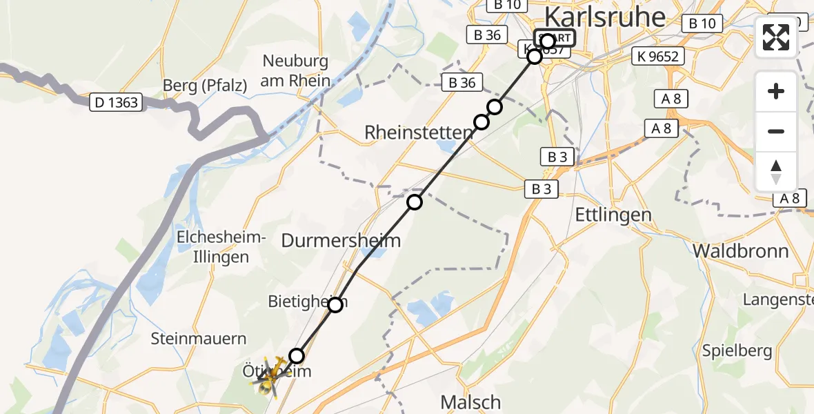 Flugroute Ambulanzhubschrauber Sankt Vincentius Hospital - Ötigheim, 18 August 2026, 06:54