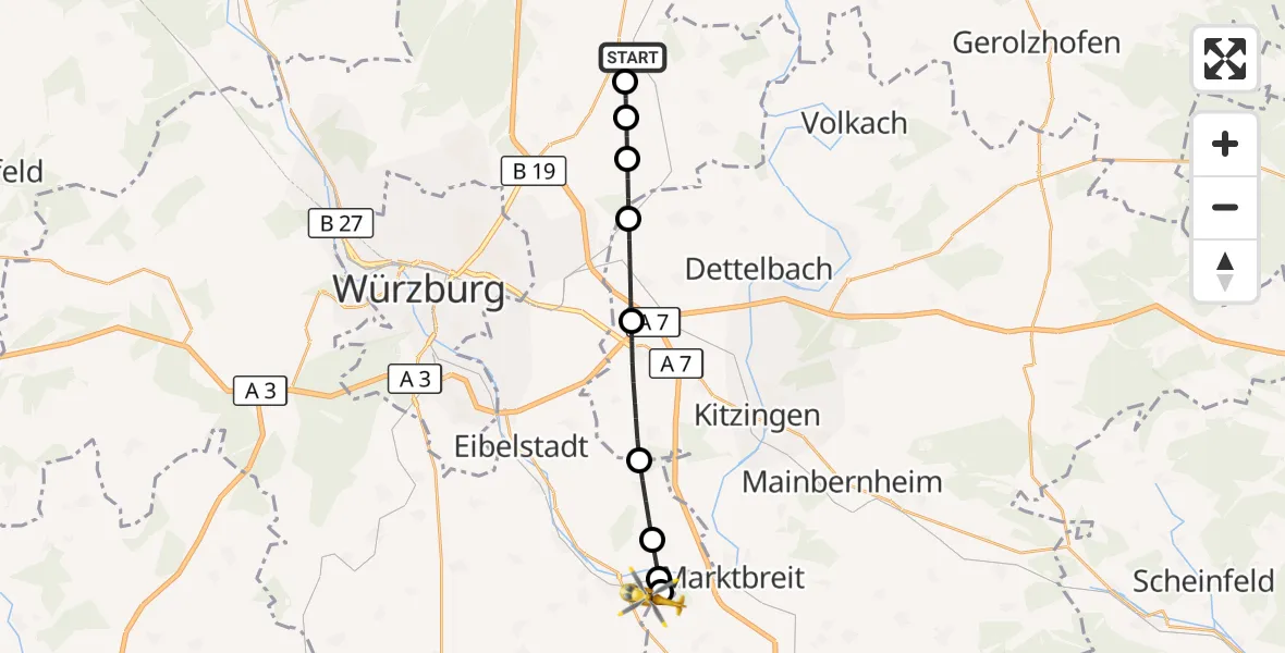 Flugroute Rettungshubschrauber Bergtheim - Ochsenfurt Hospital Hubschrauberlandeplatz, 18 August 2026, 07:27