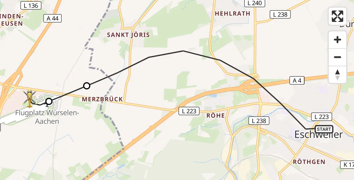 Flugroute Rettungshubschrauber Eschweiler - Aachen-Merzbrück Flughafen, 18 August 2026, 07:28