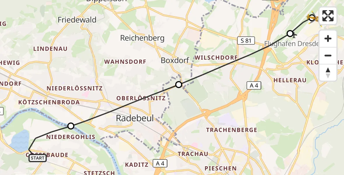 Flugroute Rettungshubschrauber Dresden - Dresden Bundespolizei Hubschrauberlandeplatz, 18 August 2026, 07:31