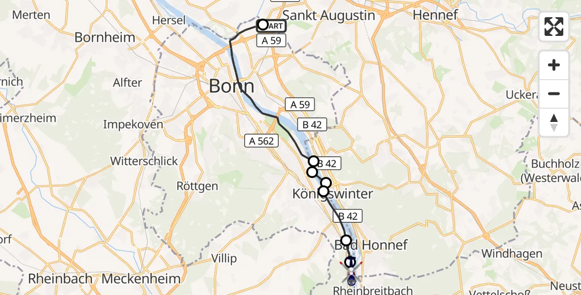Flugroute Polizeihubschrauber Sankt Augustin - Remagen Rolandseck Hubschrauberlandeplatz, 18 August 2026, 07:39