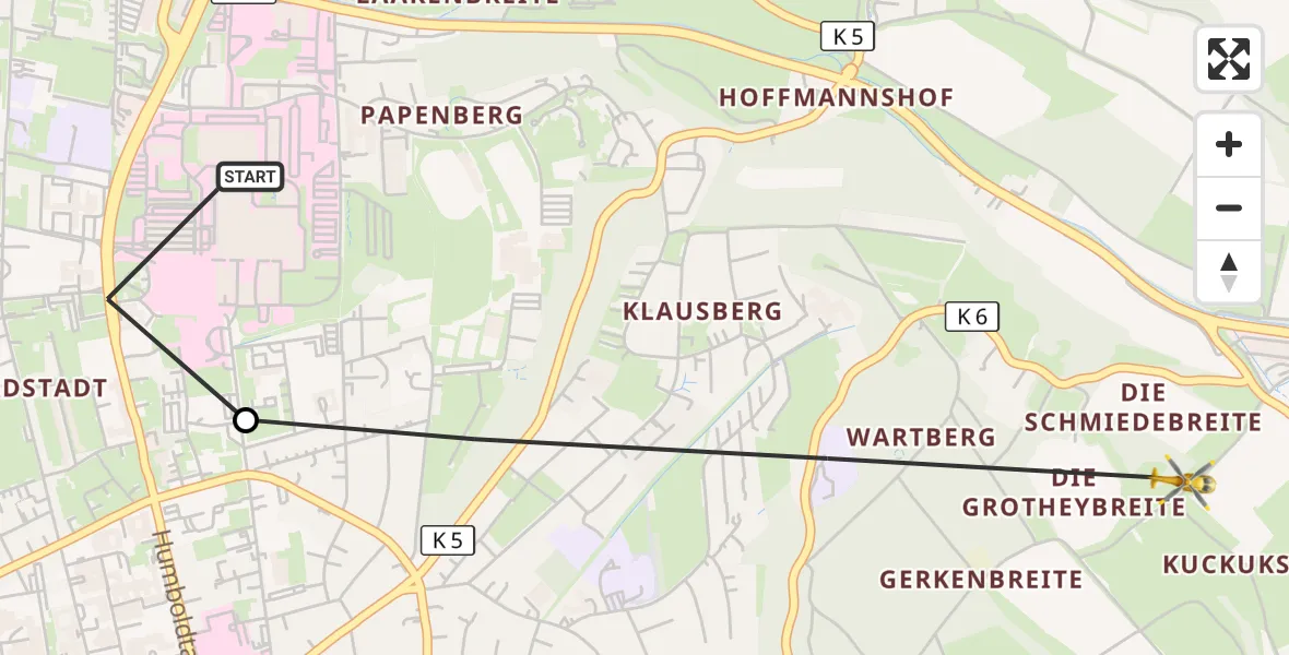 Flugroute Rettungshubschrauber Göttingen University Clinic Hubschrauberlandeplatz - Göttingen, 18 August 2026, 07:43