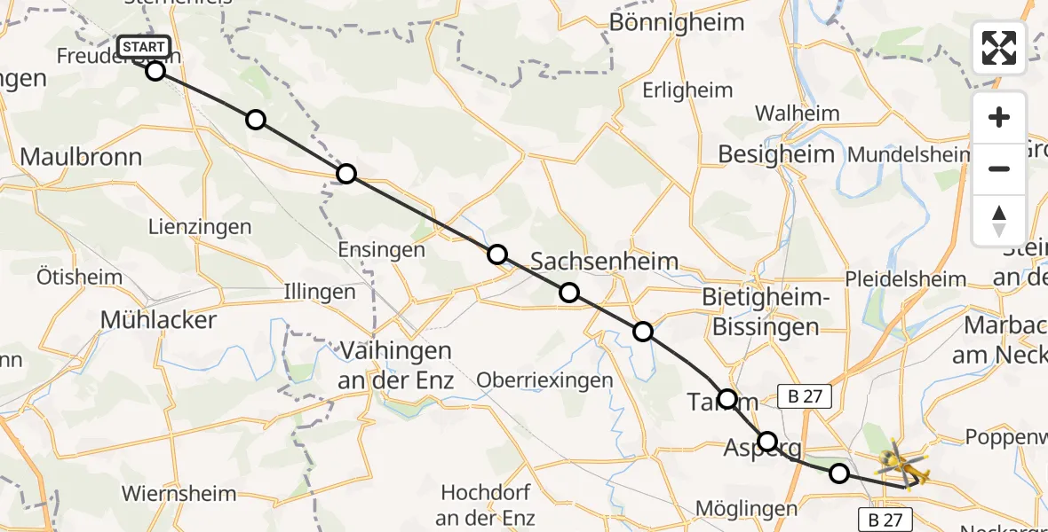 Flugroute Rettungshubschrauber Knittlingen - Ludwigsburg, 18 August 2026, 07:47