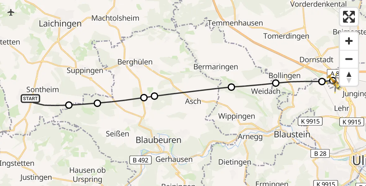 Flugroute Rettungshubschrauber Heroldstatt - Dornstadt, 18 August 2026, 07:51