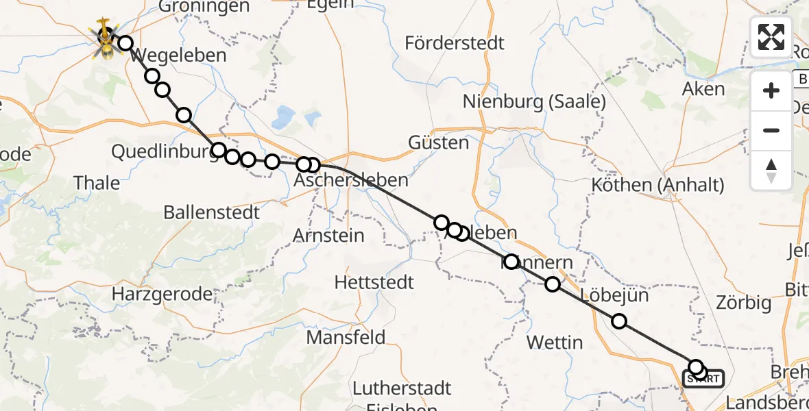 Flugroute Rettungshubschrauber Halle-Oppin Flugplatz - AMEOS Hospital Sankt Salvator Halberstadt, 18 August 2026, 07:54