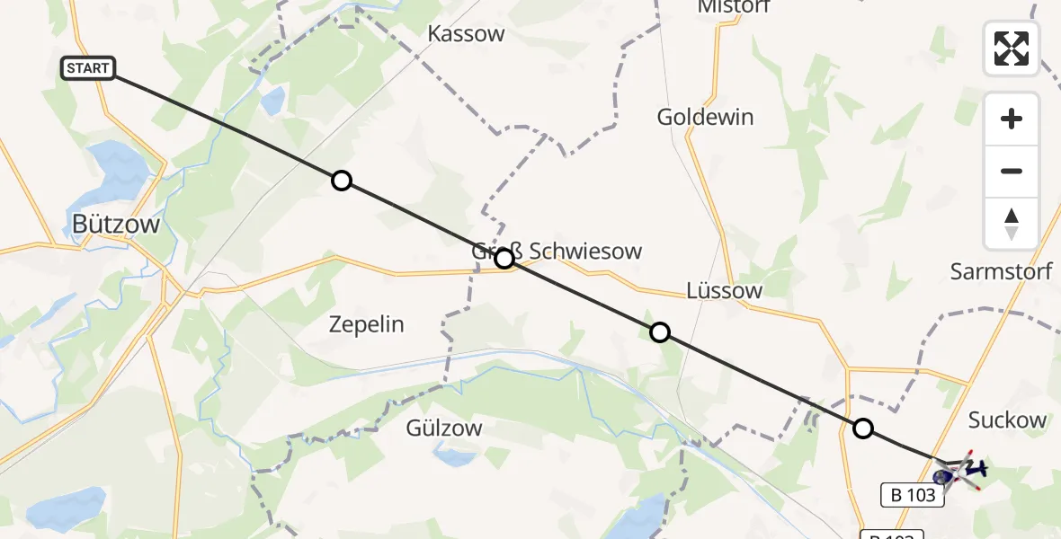 Flugroute Polizeihubschrauber Bützow - Güstrow, 18 August 2026, 07:55