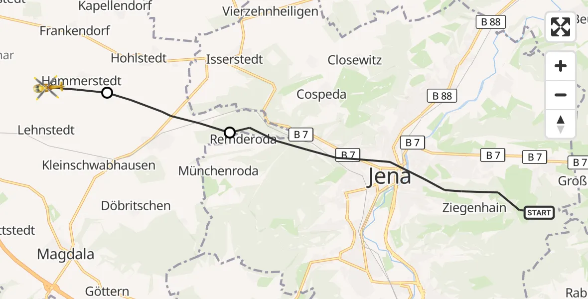 Flugroute Rettungshubschrauber Jena - Hammerstedt, 18 August 2026, 08:03