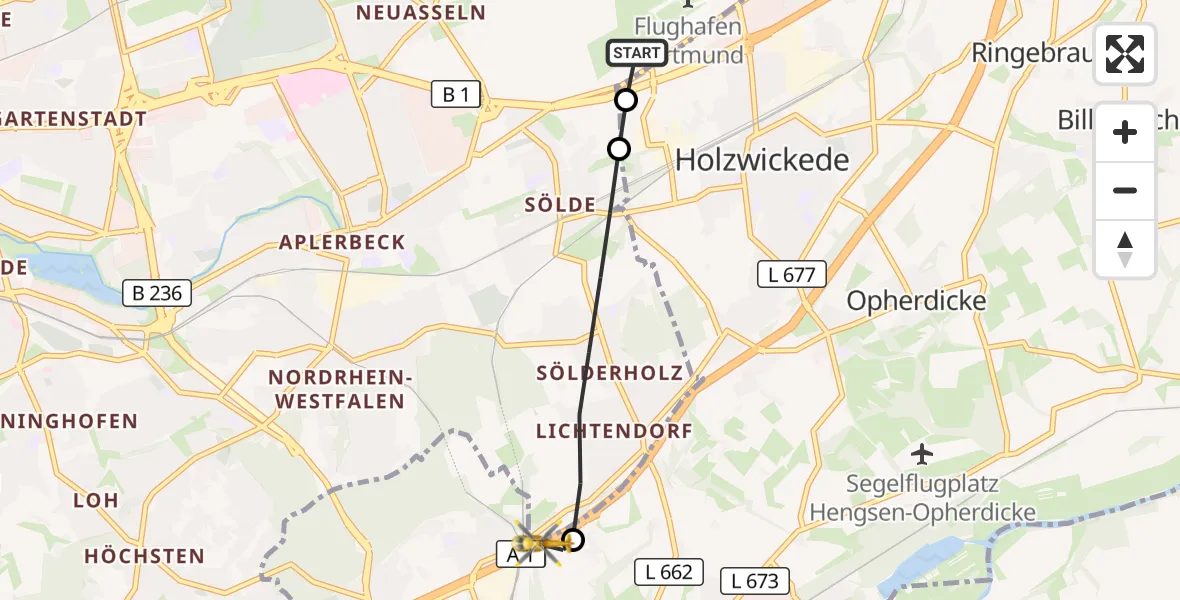 Flugroute Rettungshubschrauber Dortmund Flughafen - Schwerte, 18 August 2026, 08:07