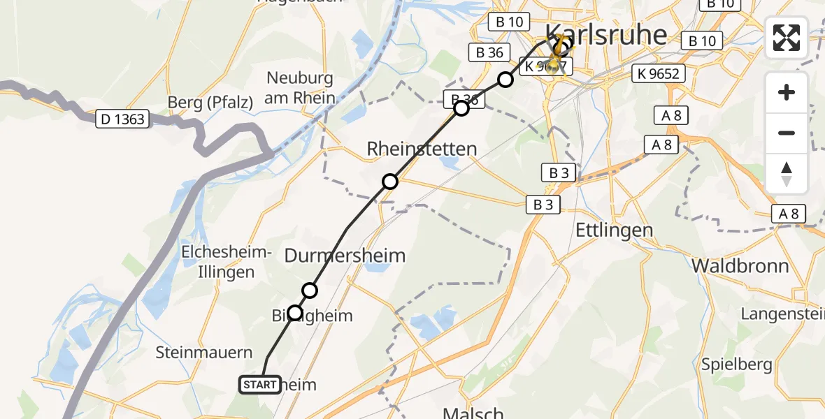 Flugroute Ambulanzhubschrauber Ötigheim - Sankt Vincentius Hospital, 18 August 2026, 08:15