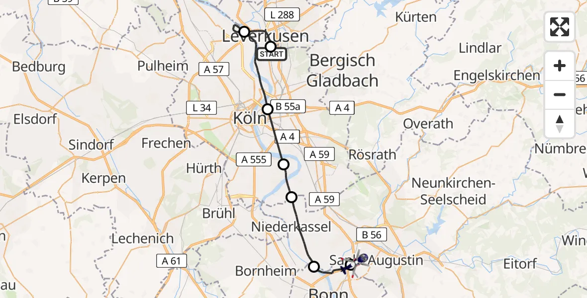 Flugroute Polizeihubschrauber Leverkusen Flugplatz - Sankt Augustin, 18 August 2026, 08:21