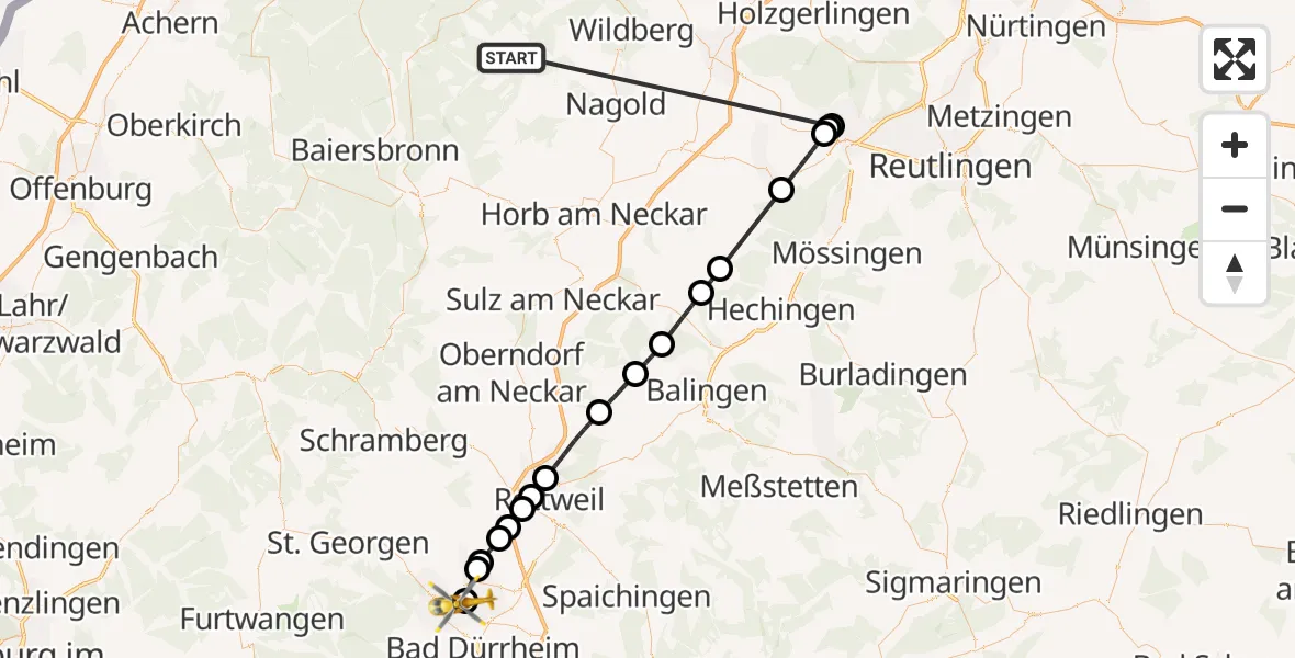 Flugroute Ambulanzhubschrauber Altensteig - DRF Air Rescue Station Villingen-Schwenningen Hubschrauberlandeplatz (Christoph 11), 18 August 2026, 08:25
