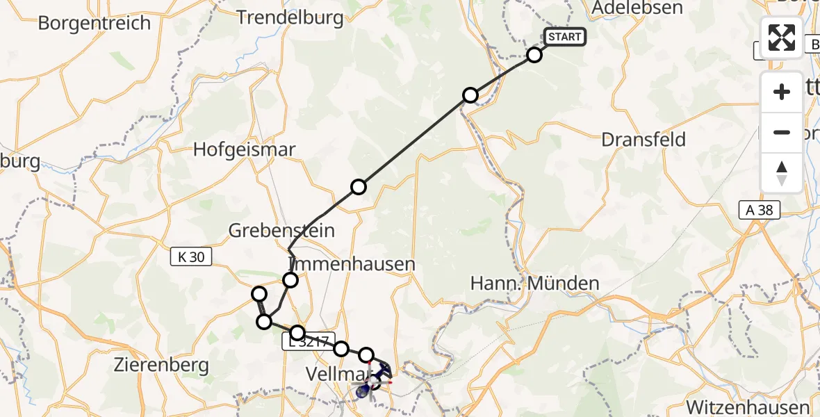 Flugroute Polizeihubschrauber Adelebsen - Fuldatal Bundespolizei Hubschrauberlandeplatz, 18 August 2026, 08:27