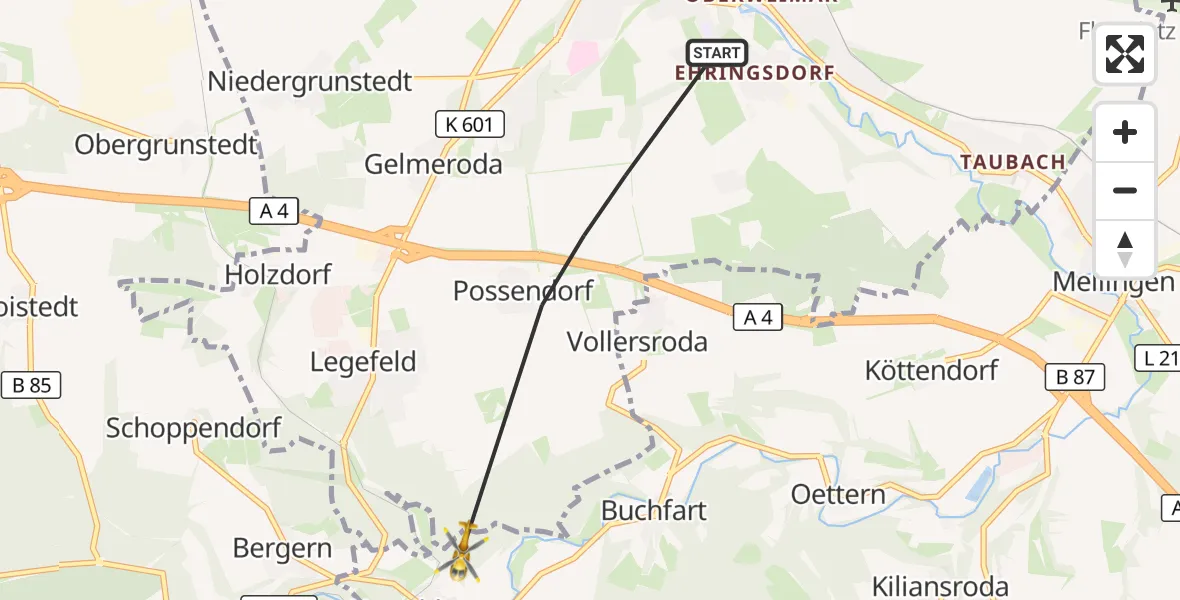 Flugroute Ambulanzhubschrauber Weimar - Hetschburg, 18 August 2026, 08:28