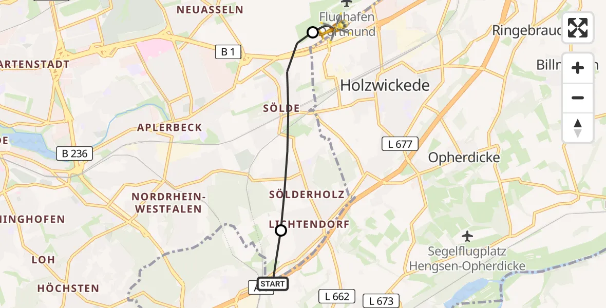 Flugroute Rettungshubschrauber Schwerte - Dortmund Flughafen, 18 August 2026, 08:33