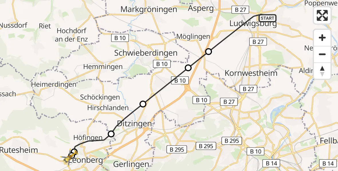 Flugroute Rettungshubschrauber Ludwigsburg - Leonberg Hospital, 18 August 2026, 08:37