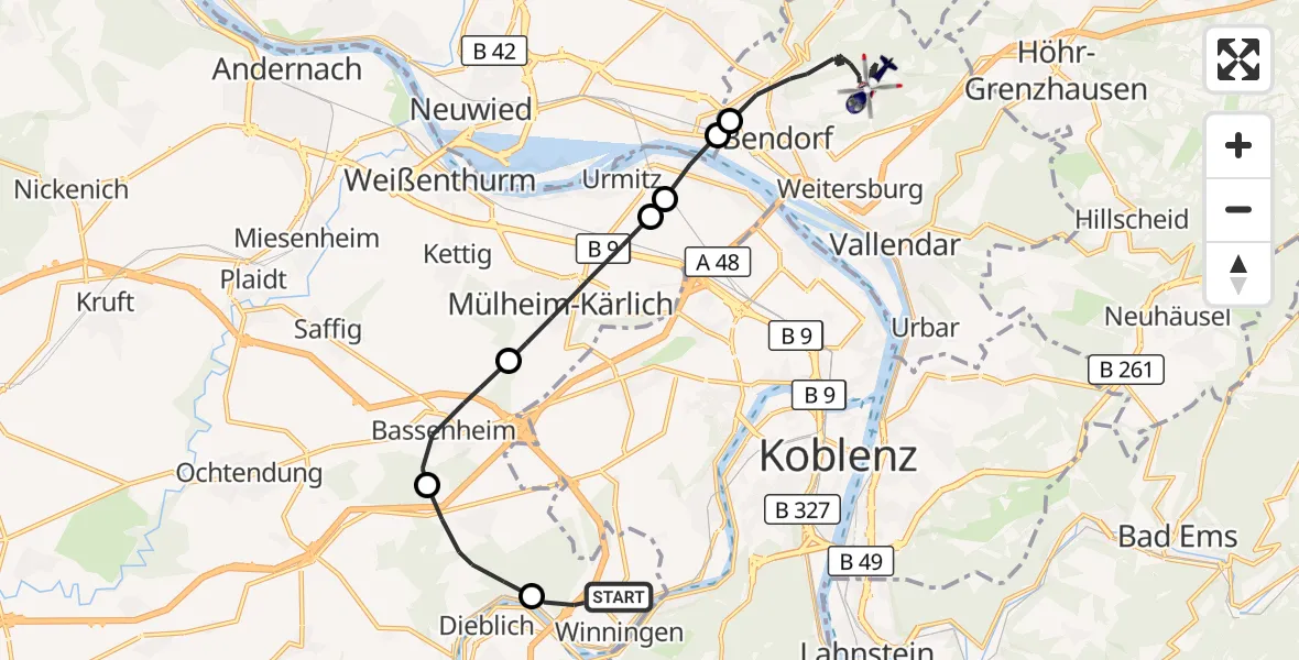 Flugroute Polizeihubschrauber Winningen - Bendorf, 18 August 2026, 08:51