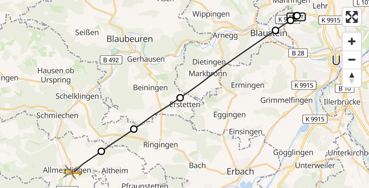 Flugroute Rettungshubschrauber Ulm Military Hospital Emergency - Allmendingen, 18 August 2026, 08:58