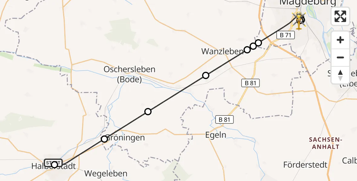 Flugroute Rettungshubschrauber AMEOS Hospital Sankt Salvator Halberstadt - Magdeburg University Hospital, 18 August 2026, 08:58