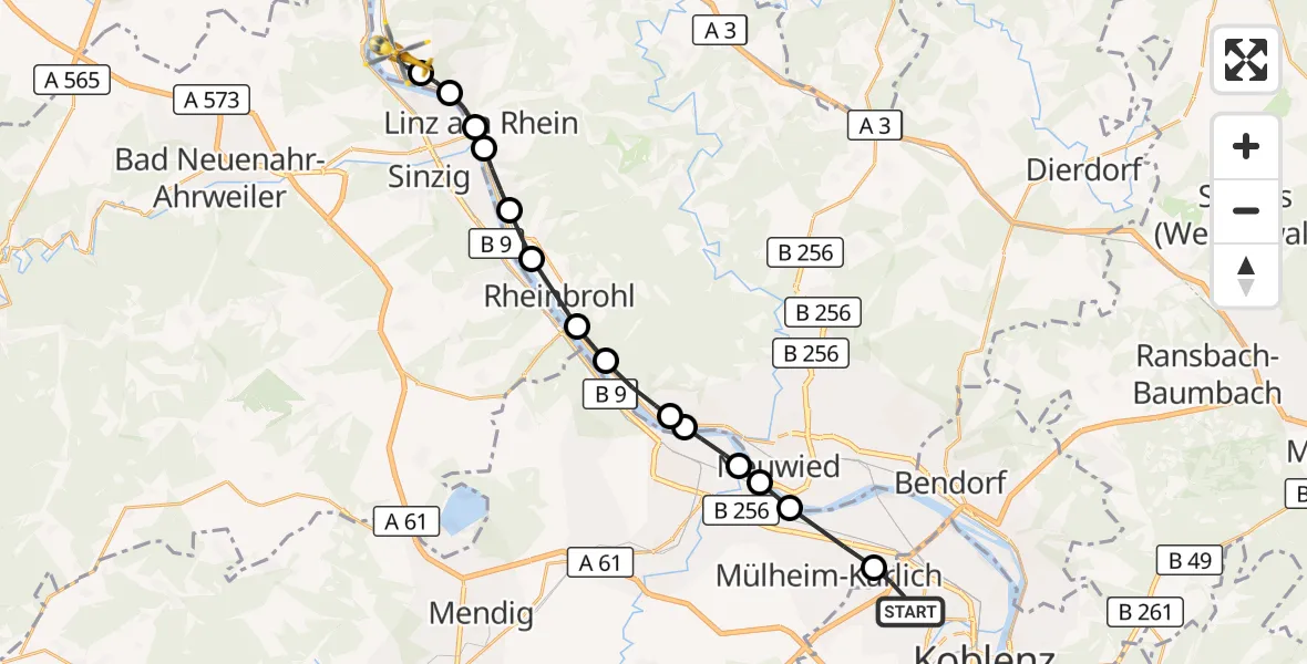 Flugroute Rettungshubschrauber Koblenz - Erpel, 18 August 2026, 08:59