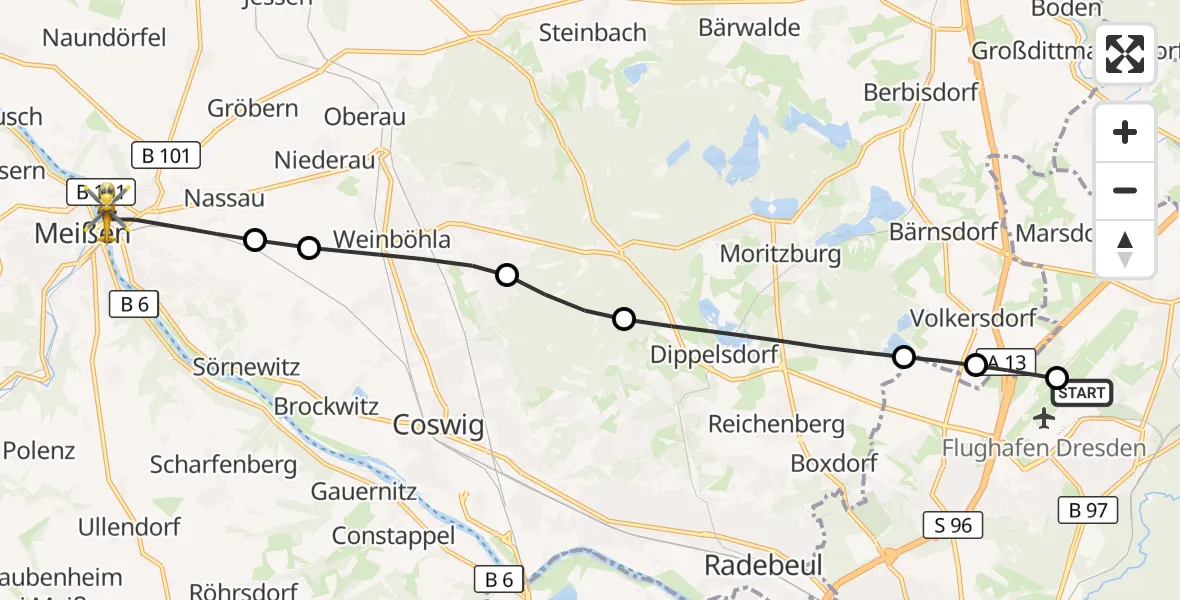 Flugroute Rettungshubschrauber Dresden Bundespolizei Hubschrauberlandeplatz - Meißen, 18 August 2026, 09:00