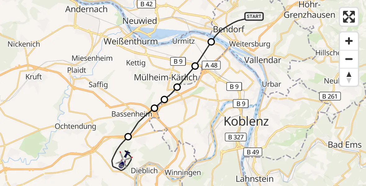 Flugroute Polizeihubschrauber Bendorf - Kobern-Gondorf, 18 August 2026, 09:04