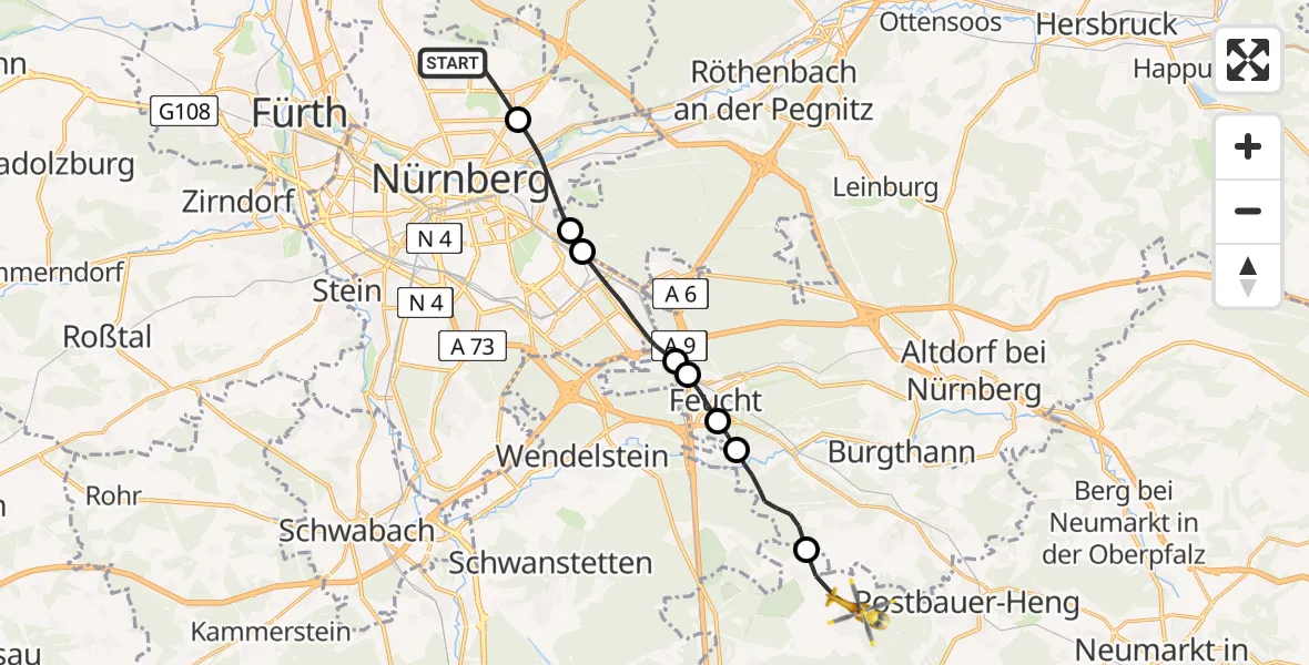 Flugroute Ambulanzhubschrauber Flughafen Nuremberg - Pyrbaum, 18 August 2026, 09:06