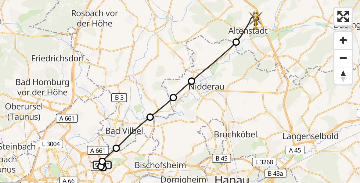 Flugroute Rettungshubschrauber Frankfurt am Main Accident Hospital Roof - Altenstadt, 18 August 2026, 09:08