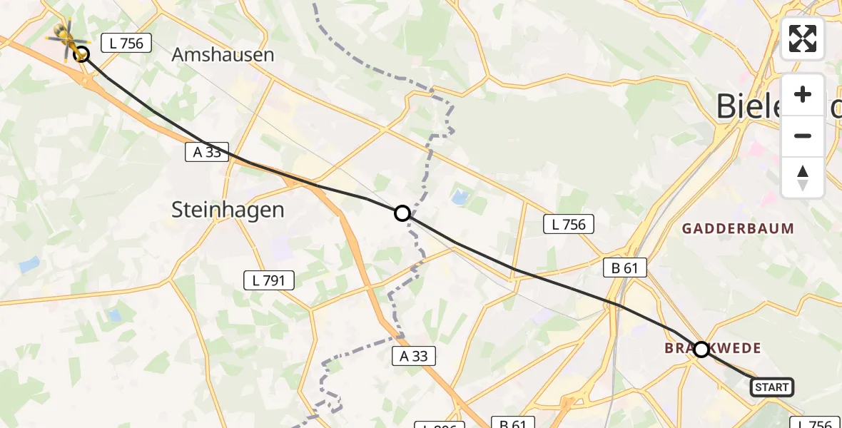 Flugroute Rettungshubschrauber Luftrettungszentrum Bielefeld - Halle (Westf.), 18 August 2026, 09:10