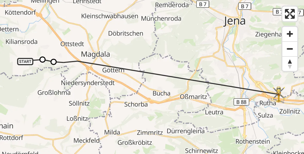 Flugroute Rettungshubschrauber Kiliansroda - Jena, 18 August 2026, 09:15