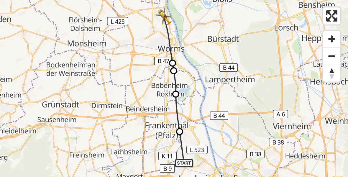 Flugroute Rettungshubschrauber Ludwigshafen am Rhein - Worms, 18 August 2026, 09:24