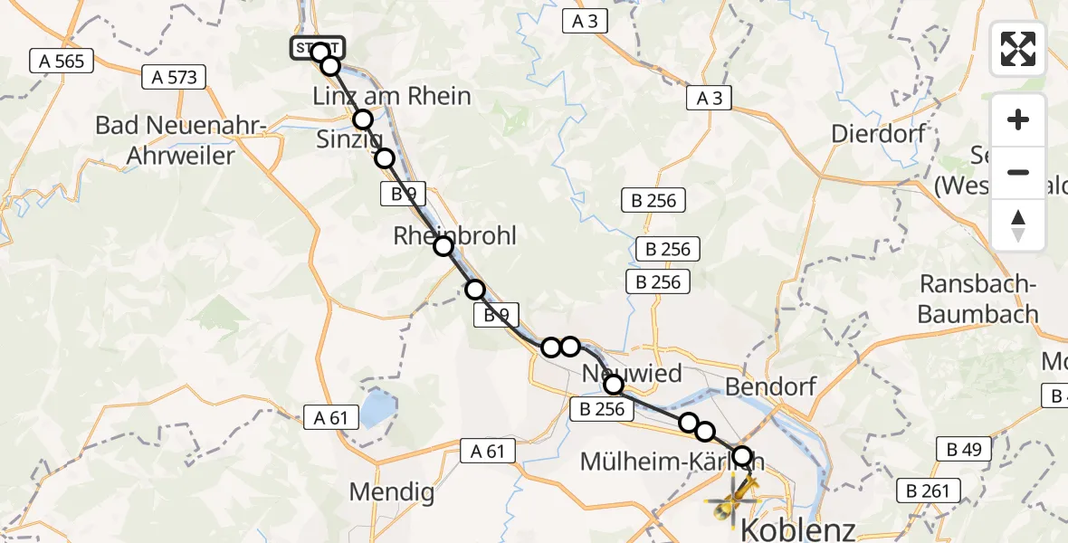 Flugroute Rettungshubschrauber Unkel - Koblenz, 18 August 2026, 09:28