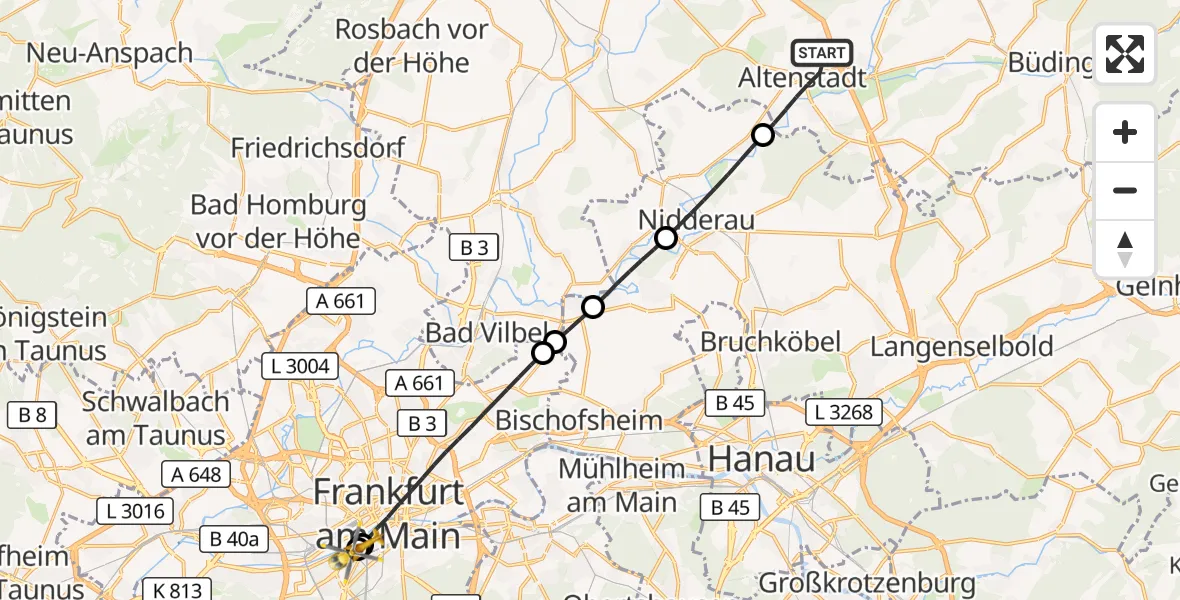 Flugroute Rettungshubschrauber Altenstadt - Frankfurt University Hospital, 18 August 2026, 09:33