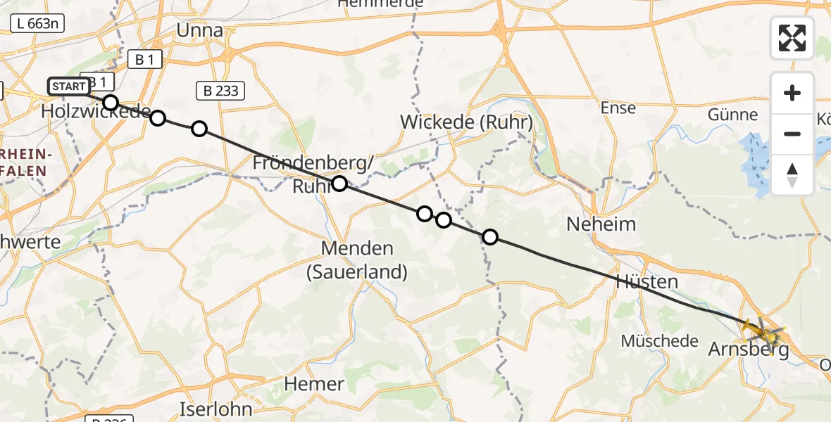 Flugroute Rettungshubschrauber Dortmund Flughafen - Arnsberg, 18 August 2026, 09:34