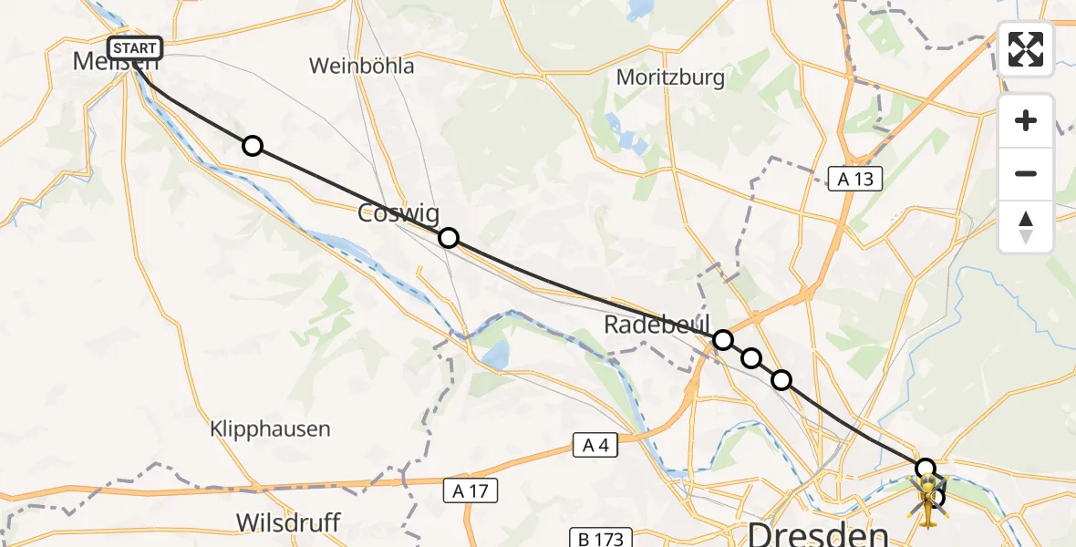 Flugroute Rettungshubschrauber Meißen - Dresden University Hospital, 18 August 2026, 09:37